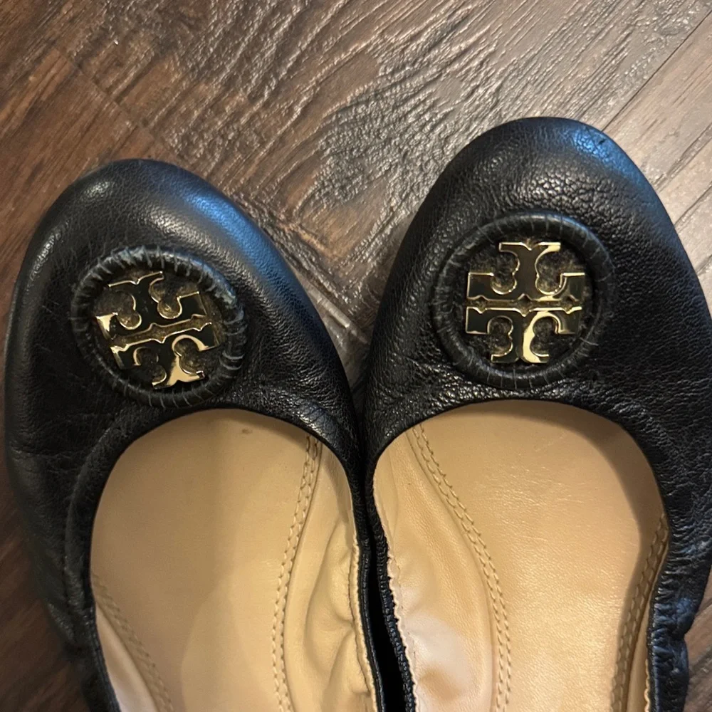 Tory Burch Black Flats with Gold Emblem